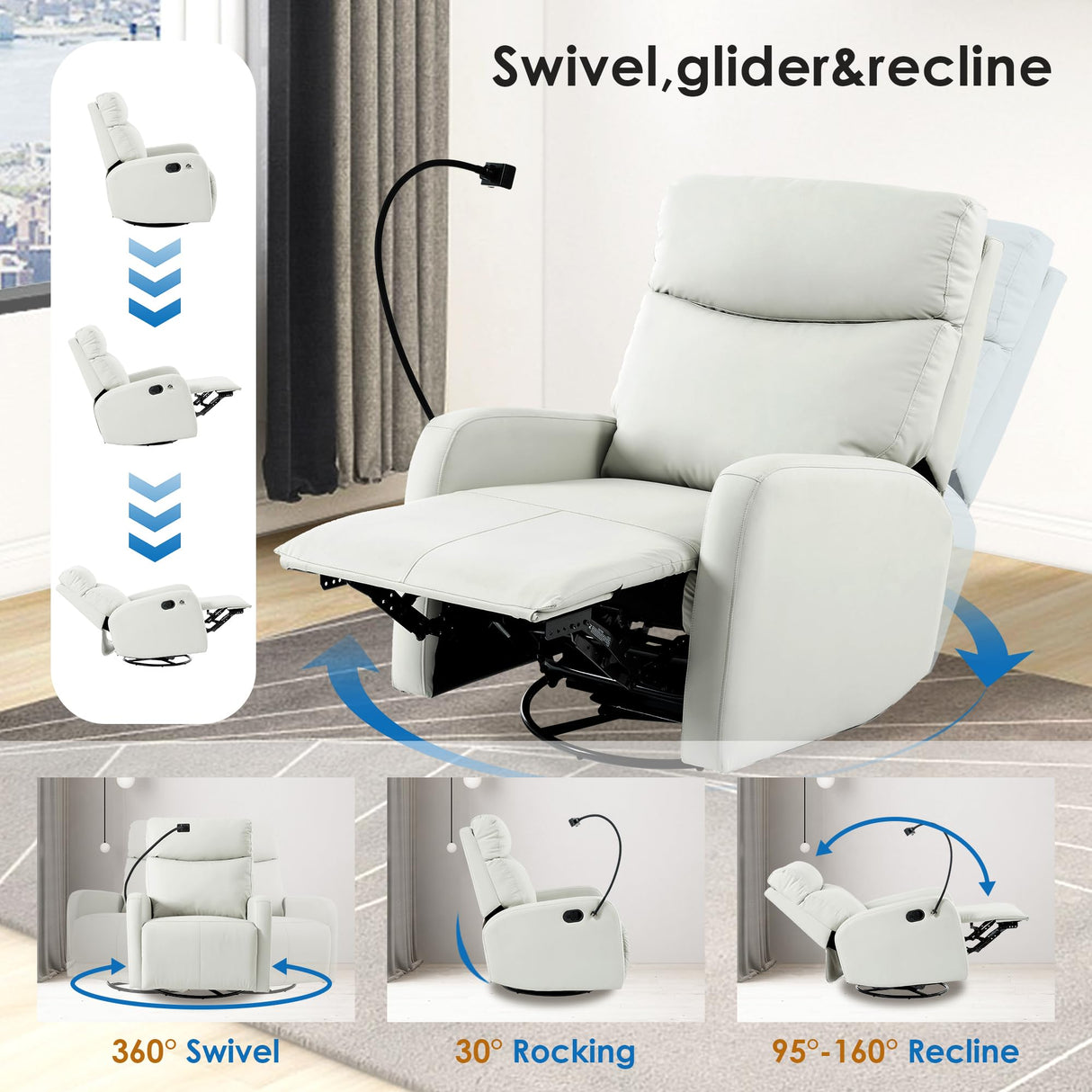 QicoFelix Swivel Rocker Recliner,Nursery Glider Recliner,Upholstered Rocking Recliner Chair with Phone Holder, PU Rocking Reclining Sofa for Living Room, Gray (360°Swivel) QicoFelix