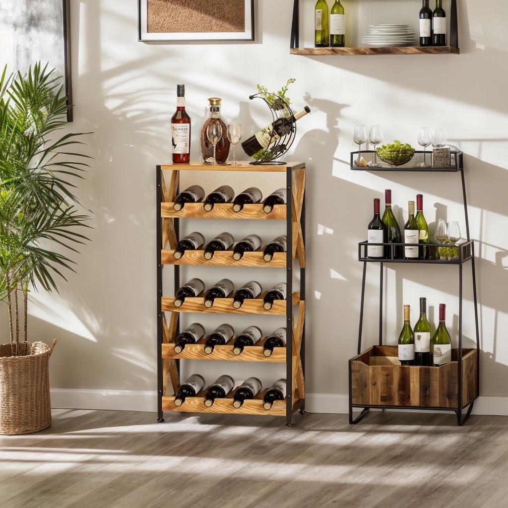 LUMAMU 20 Bottle Wine Rack Freestanding Floor with Wood Top,Wobble-Free 5 Tier Wine Display Storage Stand Shelf,Stackable Modular Wine Bottle Holder Rack for Kitchen,Cellar,Living Room LUMAMU