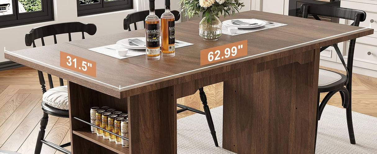 GarveeHome 63 Inch Farmhouse Dining Table with 4 Storage Shelves, Seats 4-6, Rustic Wooden Rectangle Kitchen Table for Dining Room, Living Room, Eazy Assembly, Walnut GarveeHome