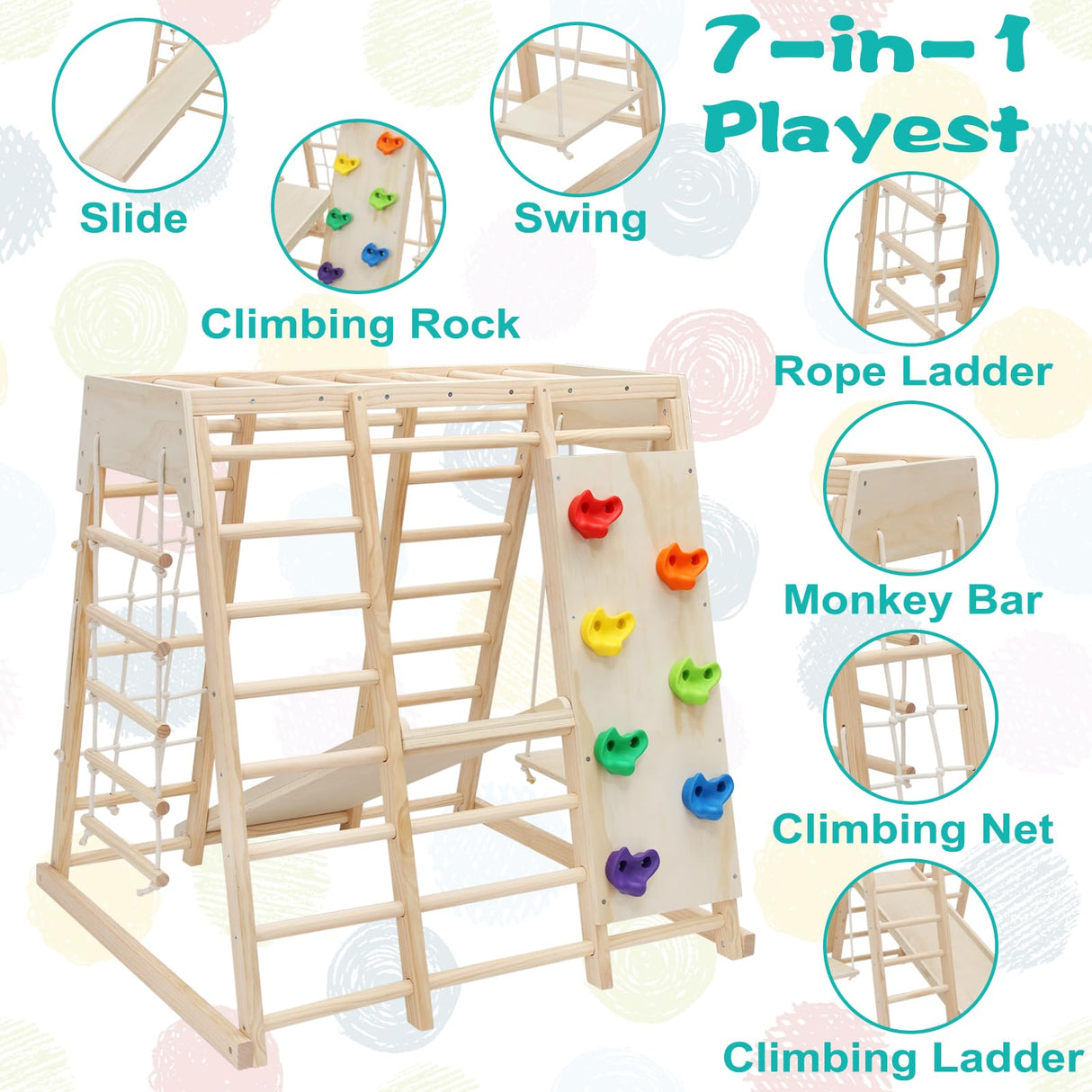EDOSTORY 7 in 1 Pikler Indoor Playground Jungle Gym Playset, Wooden Montessori Climber with Slide, Rock Climb Wall, Monkey Bars, Rope Ladder, Climbing Rope and Swing for Kids（Natural） EDOSTORY