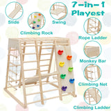 EDOSTORY 7 in 1 Pikler Indoor Playground Jungle Gym Playset, Wooden Montessori Climber with Slide, Rock Climb Wall, Monkey Bars, Rope Ladder, Climbing Rope and Swing for Kids（Natural） EDOSTORY