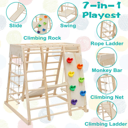 EDOSTORY 7 in 1 Pikler Indoor Playground Jungle Gym Playset, Wooden Montessori Climber with Slide, Rock Climb Wall, Monkey Bars, Rope Ladder, Climbing Rope and Swing for Kids（Natural）