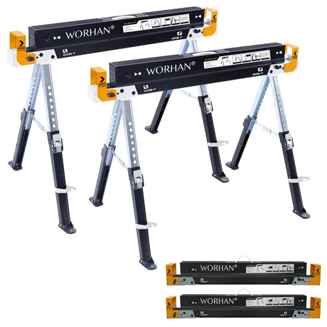 WORHAN Sawhorse Twinpack 2600 lbs Jobsite Table Folding Quickly Adjustable Legs Support Arms Sawing Non Slip Trestle Sawmule Steel Workbench S600A WORHAN