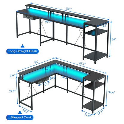 Jojoka L Shaped Gaming Desk,68" Computer Desk with Power Outlets & LED Lights, Home Office Desk with File Drawer, Corner Desk with Monitor Shelf and Hook, Two Person Desk (Black) - WoodArtSupply