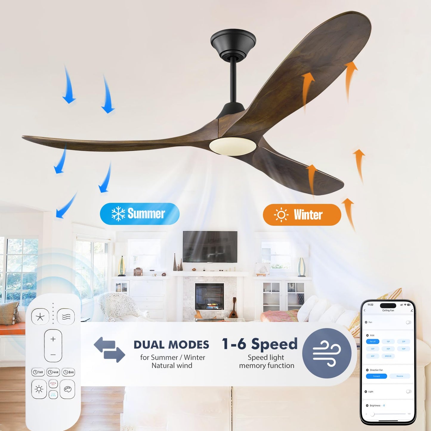 70 inch Large Ceiling Fans with Lights, Outdoor Ceiling Fans for Patios Waterproof, 3 Blades Propeller Wood Ceiling Fans, Smart Ceiling fan with Remote & APP for Indoor Exterior Porch Commercial