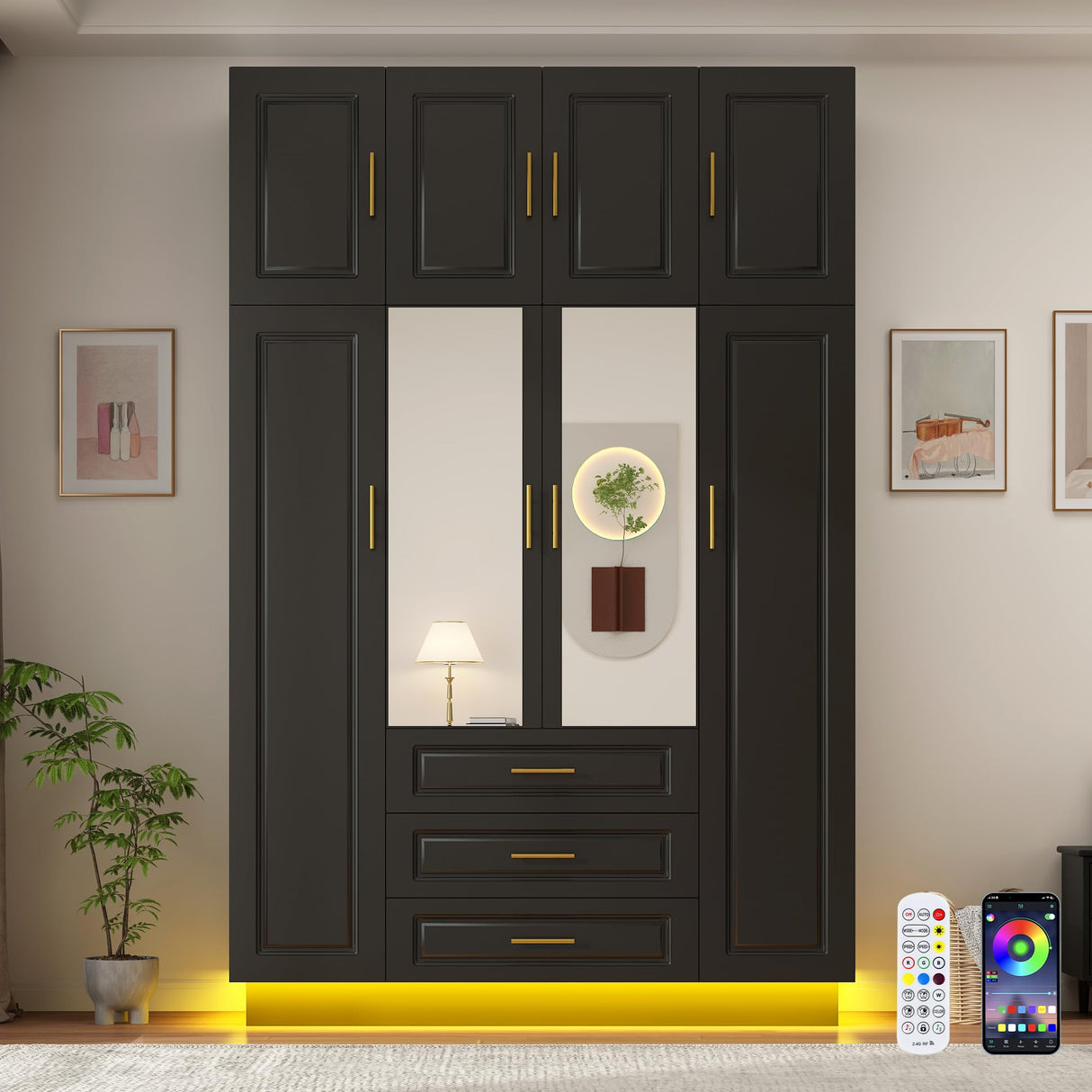 Hlivelood Large Armoire Wardrobe Closet Cabinet with Drawers and LED Lights, Multi-Tier Shelves, Hanging Rod, Large Capacity Storage 4 Door Wardrobe Armoire with Top Cabinet for Bedroom, Black Hlivelood