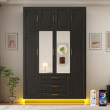 Hlivelood Large Armoire Wardrobe Closet Cabinet with Drawers and LED Lights, Multi-Tier Shelves, Hanging Rod, Large Capacity Storage 4 Door Wardrobe Armoire with Top Cabinet for Bedroom, Black Hlivelood
