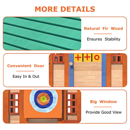 Outdoor Playhouse for Age 3-8 Years Boy Girl, Wooden Cottage Playhouse with 4 Game Awning Window, Ball Wall & Tetris. Play House for Outdoor Garden,