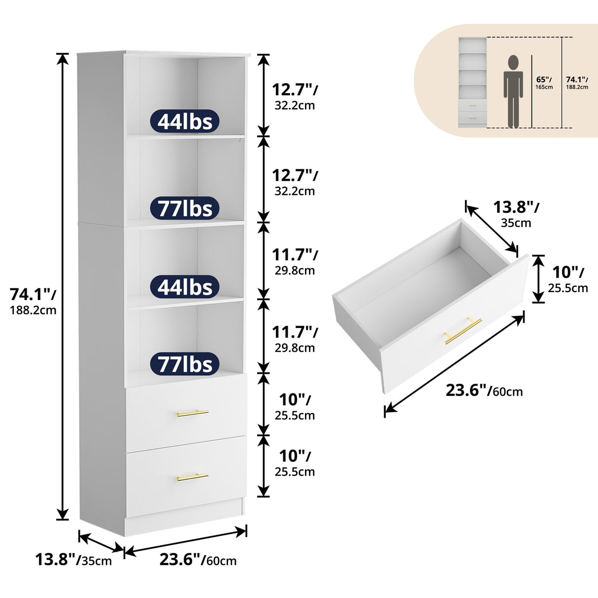 Cozy Castle 74.1'' Bookshelf,Tall Bookcase with Drawers, 4-Tier Open Bookshelf with Adjustable Storage Shelves,23.6 Inches Wide Floor Standing Bookcase for Home Office,Bedroom,Living Room,White Cozy Castle