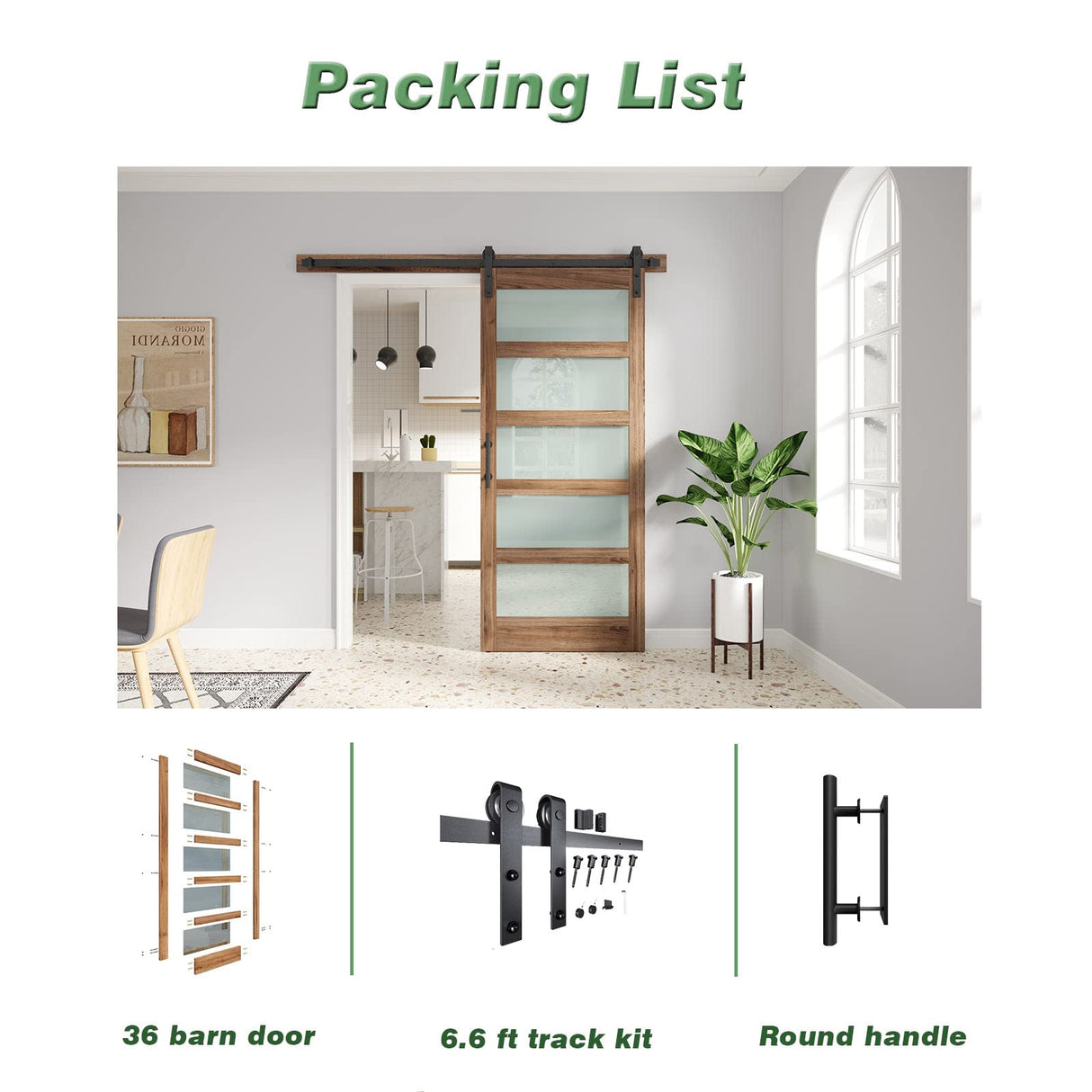 FREDBECK 36 x 84 inch Glass Barn Door with 6.6FT Barn Door Hardware Kit & Handle Included,5-Panel Frosted Glass, Water-Proof Surface,Pre-Drilled Holes,Need Assembly FREDBECK