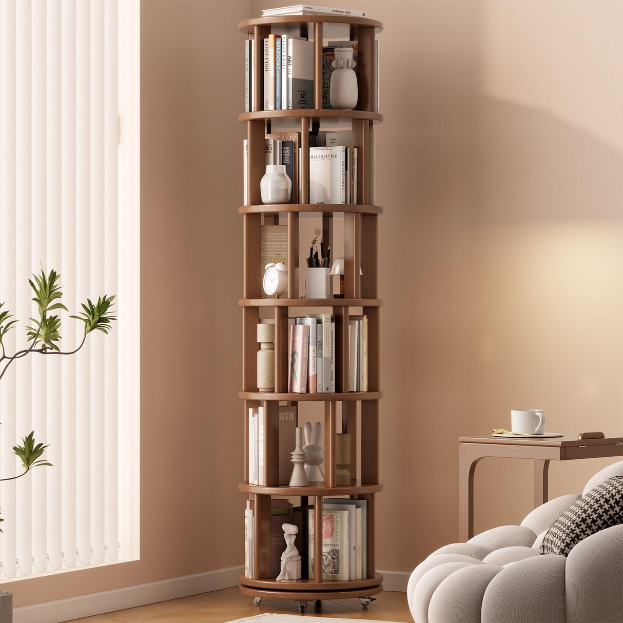 Muwuele Solid Wood Rotating Bookshelf on Wheels, 6 Tier, Round Revolving Bookcase, 360° Spinning Book Shelf Tower for Kids, Narrow Rolling Bookshelves for Small Space, Corner, Bedroom, Office, Walnut Muwuele