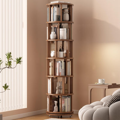 Muwuele Solid Wood Rotating Bookshelf on Wheels, 6 Tier, Round Revolving Bookcase, 360° Spinning Book Shelf Tower for Kids, Narrow Rolling Bookshelves for Small Space, Corner, Bedroom, Office, Walnut