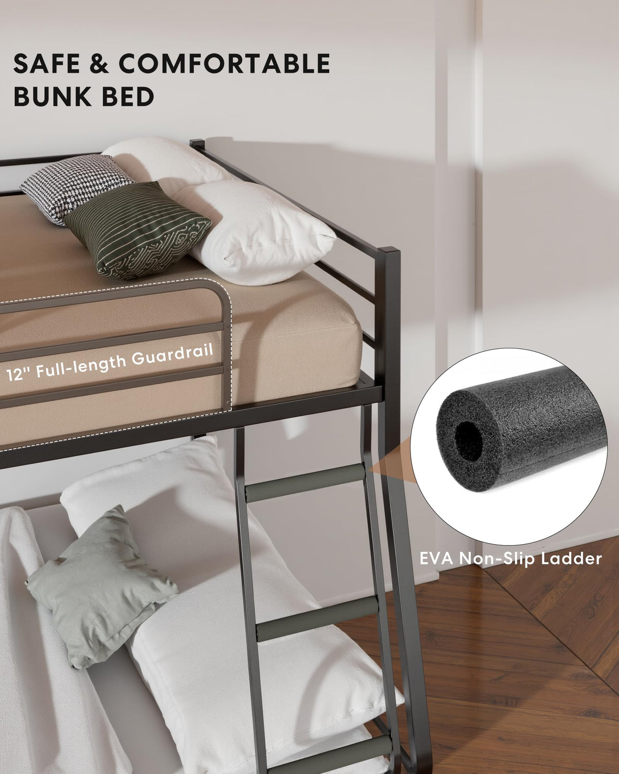 Miscoos Full XL Over Queen Metal Bunk Bed, Heavy-Duty Bed Frame with EVA Rubber Cover Ladder & Safety Guardrails, Space-Saving Sturdy Queen Bunk Bed for Adults & Teens, Black Miscoos