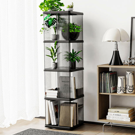 SYNCVIBE 4 Tier Rotating Bookshelf, Small Corner Bookshelf for Small Space, 360 Display Floor Standing Bookcase, Lazy Susan Plastic Narrow Book Organizer Shelf for Bedroom, Living Room, Rectangular SYNCVIBE