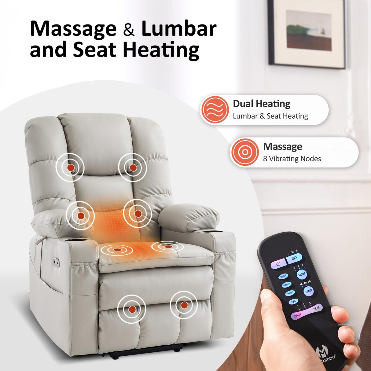 MCombo Large Triple Motor Power Lift Recliner Chair with Massage and Dual Heating, Adjustable Headrest for Tall Elderly People, Faux Leather 7634 (Light Grey, Large) MCombo