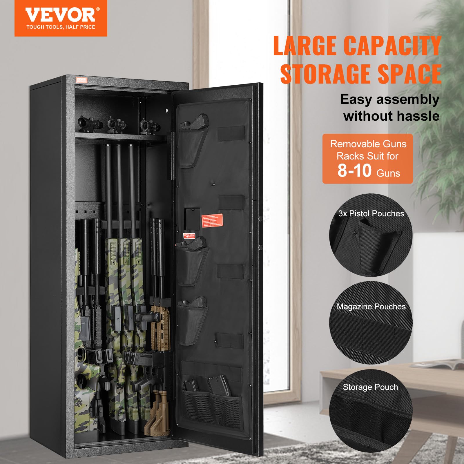 VEVOR 8-10 Rifles Gun Safe, Rifle Safe with Lock & Digital Keypad, Quick Access Tall Gun Storage Cabinet with Removable Shelf, Rifle Cabinet for Home Rifle and Shotguns - WoodArtSupply