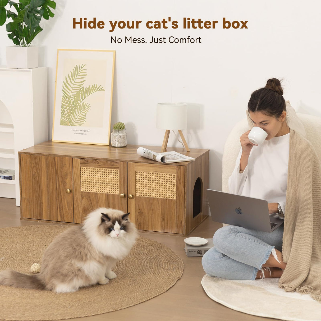 Wooden Cat Litter Box Enclosure with Storage Compartment with Adjustable Divider, Hidden Litter Box Furniture and Hall Table, Cat Box Enclosure, 42.5''L*18.5W*16.9H (Oak, Rattan) Furriends