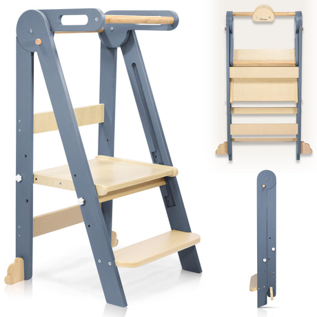 CONKKA Foldable Toddler Kitchen Step Stool with Hook, Pre-Assembled Wooden Folding Montessori Learning Helper for Kids, Toddlers Standing Tower with 3 Adjustable Height Stepping for Counter Sink-Gray CONKKA