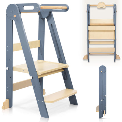 CONKKA Foldable Toddler Kitchen Step Stool with Hook, Pre-Assembled Wooden Folding Montessori Learning Helper for Kids, Toddlers Standing Tower with 3 Adjustable Height Stepping for Counter Sink-Gray
