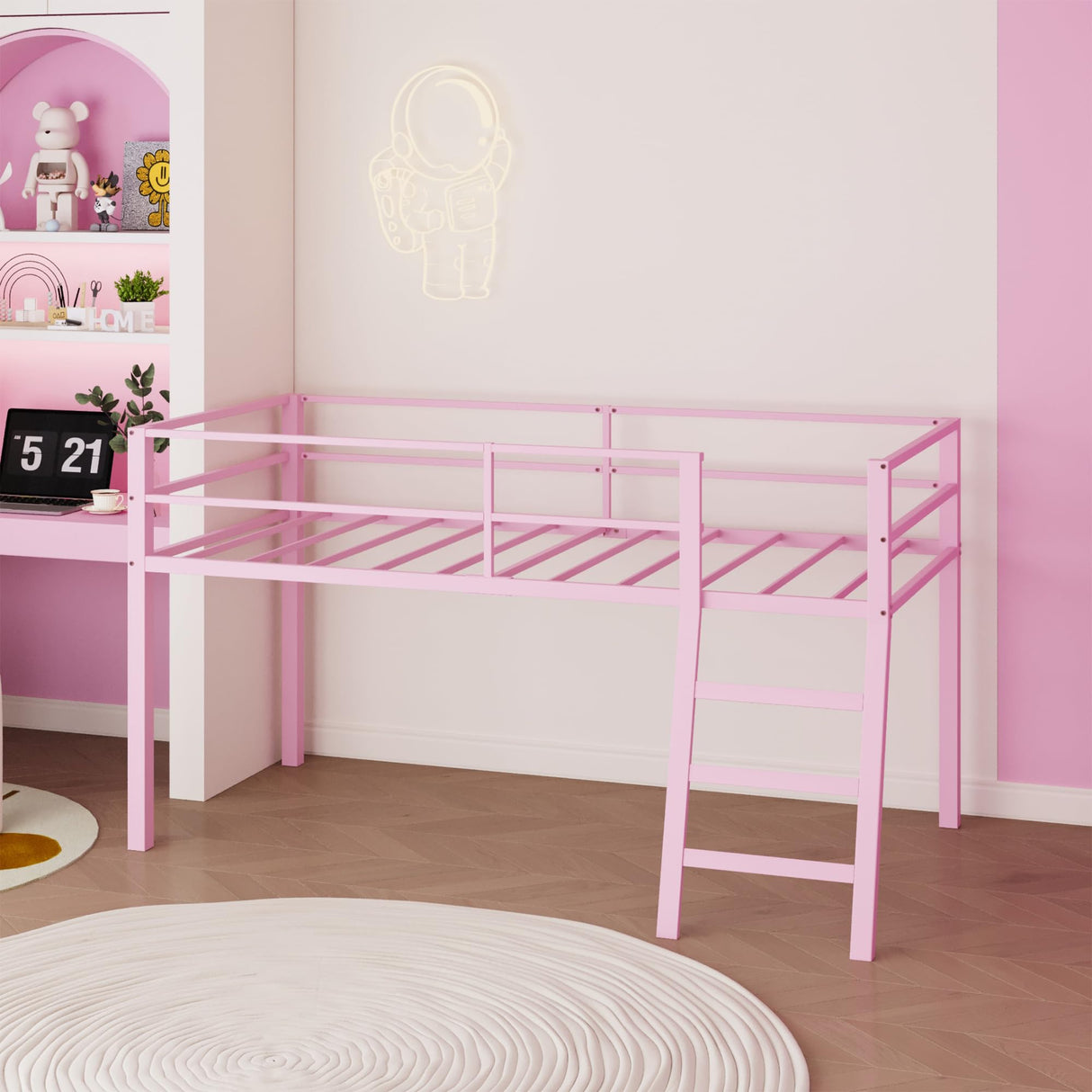 Lutown-Teen Metal Loft Bed with Stairs and Guardrail for Juniors, Space Saving Loft Bed Twin Size for Small Bedroom, Pink Lutown-Teen