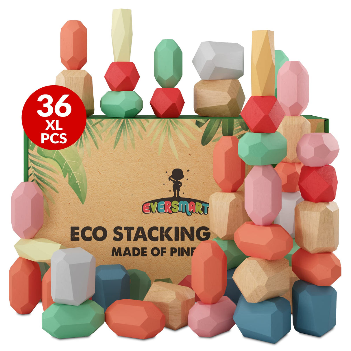 EVERSMART 36 Pcs Wooden Stacking Blocks – Montessori Toys for 1 2 3 4 5 6 Year Old Toddlers and Kids, XL Rocks, No Choking Hazard – Sensory STEM Building Stones, Girl or Boy Birthday Gifts EVERSMART