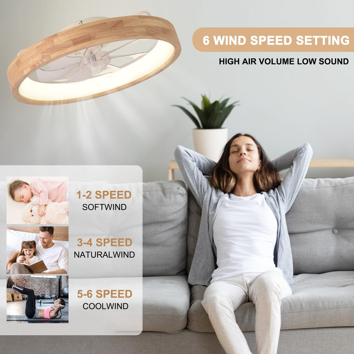 Oaks Aura 20” Ceiling Fan with Light, 3 Color Dimmable LED, 6 Speeds,Reversible DC Motor, Wooden Flush Mount Low Profile Ceiling Fans with Lights and Remote for Bedroom/Kidsroom/Dinng Room Oaks Aura