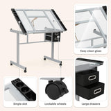 Polias Drafting Table with Adjustable Tilt Angle Board, Drawing Table Tempered Glass Top, Art Desk with Metal Frame Craft Desk for Artist with Fabric Drawers, Rolling Casters and Trays Polias