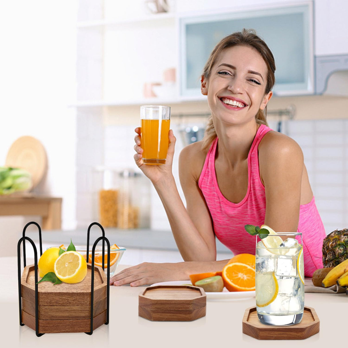 Wooden Coaster Set of 6 Bar Drink Coasters with Holder Acacia Wood Coaster Modern Cup Coaster for Coffee Table Cute Beer Coasters Decor Rustic Coaster Farmhouse Beverage Coasters Outdoor Coaster Ayiaren