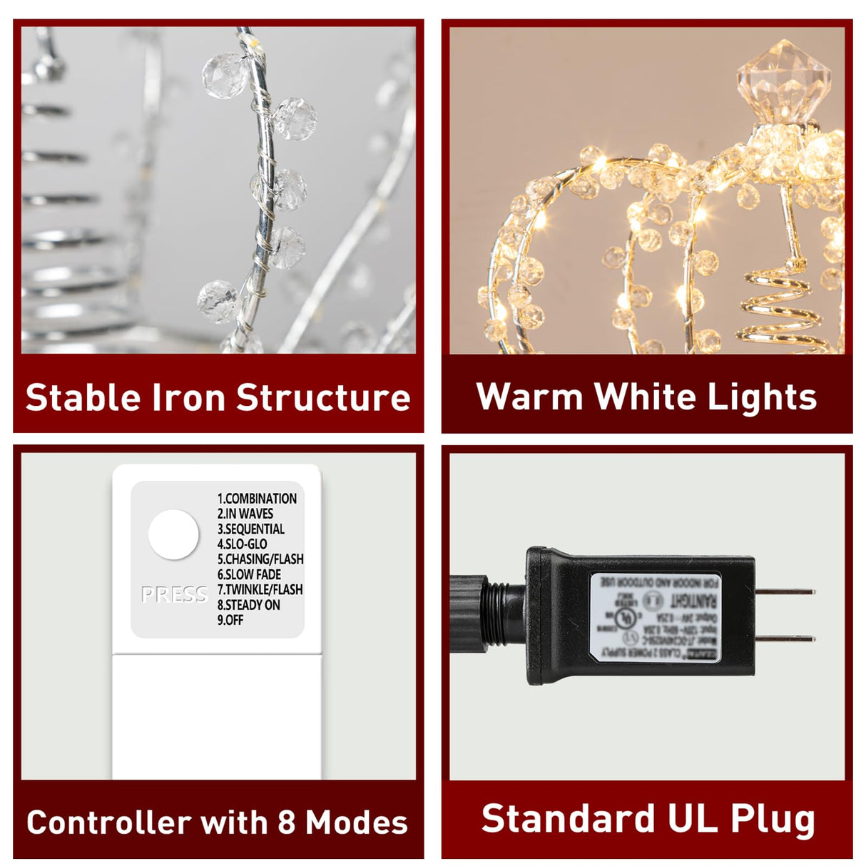 PEIDUO Christmas Jeweled Crown Tree Topper, Light up Tree Topper with 60 Warm White Lights, Large Christmas Topper Unique with Multifunction Controller, Metal Xmas Topper Decorations for Tree, Plug in PEIDUO