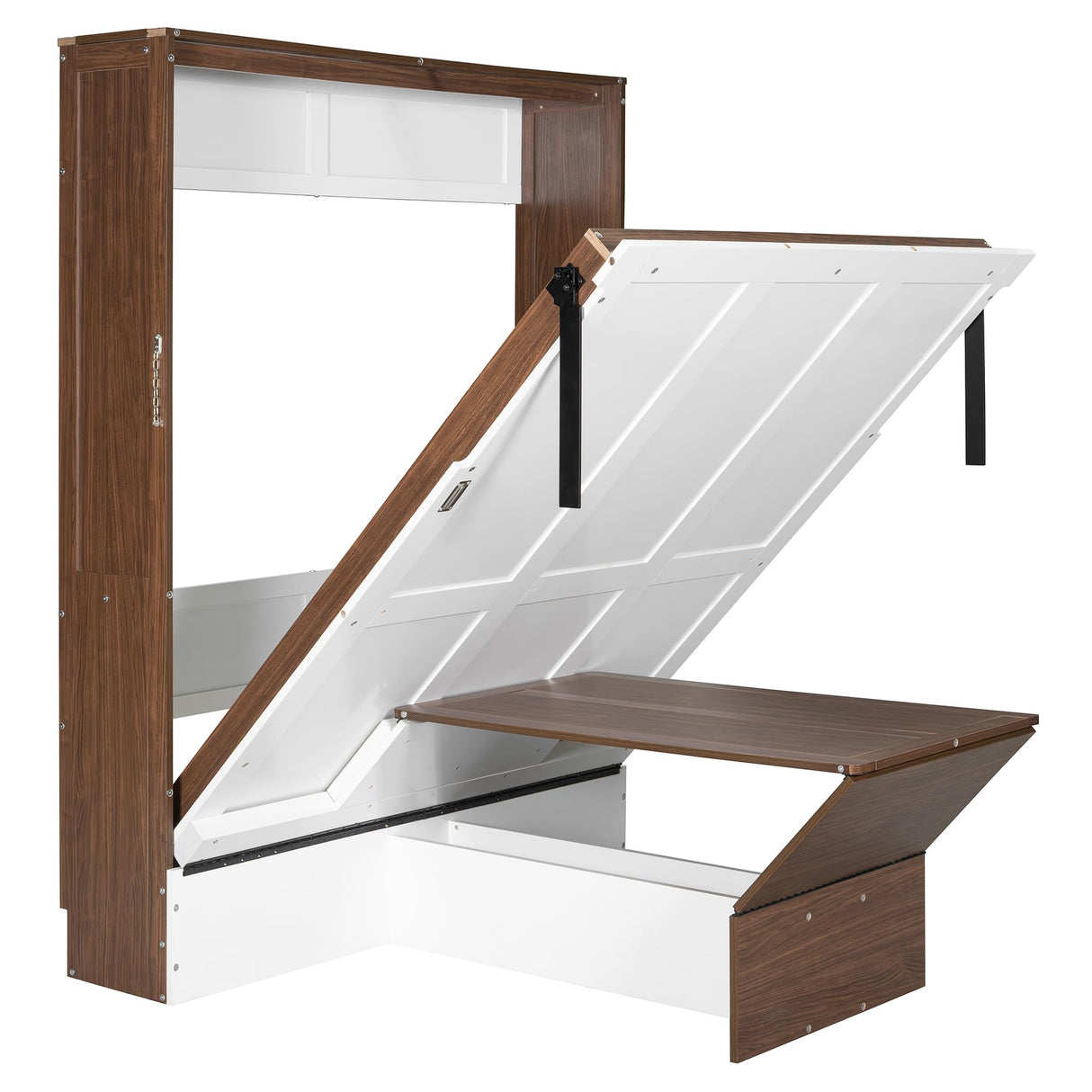 Full Size Murphy Bed with Foldable Desk Hidden Folding Wall Bed Frame Folding into Cabinet Design Wood Cabinet Platform Bed can be Folded into Desk for Small Space Bedroom Guest Room - Walnut & White MaiDeHaoo