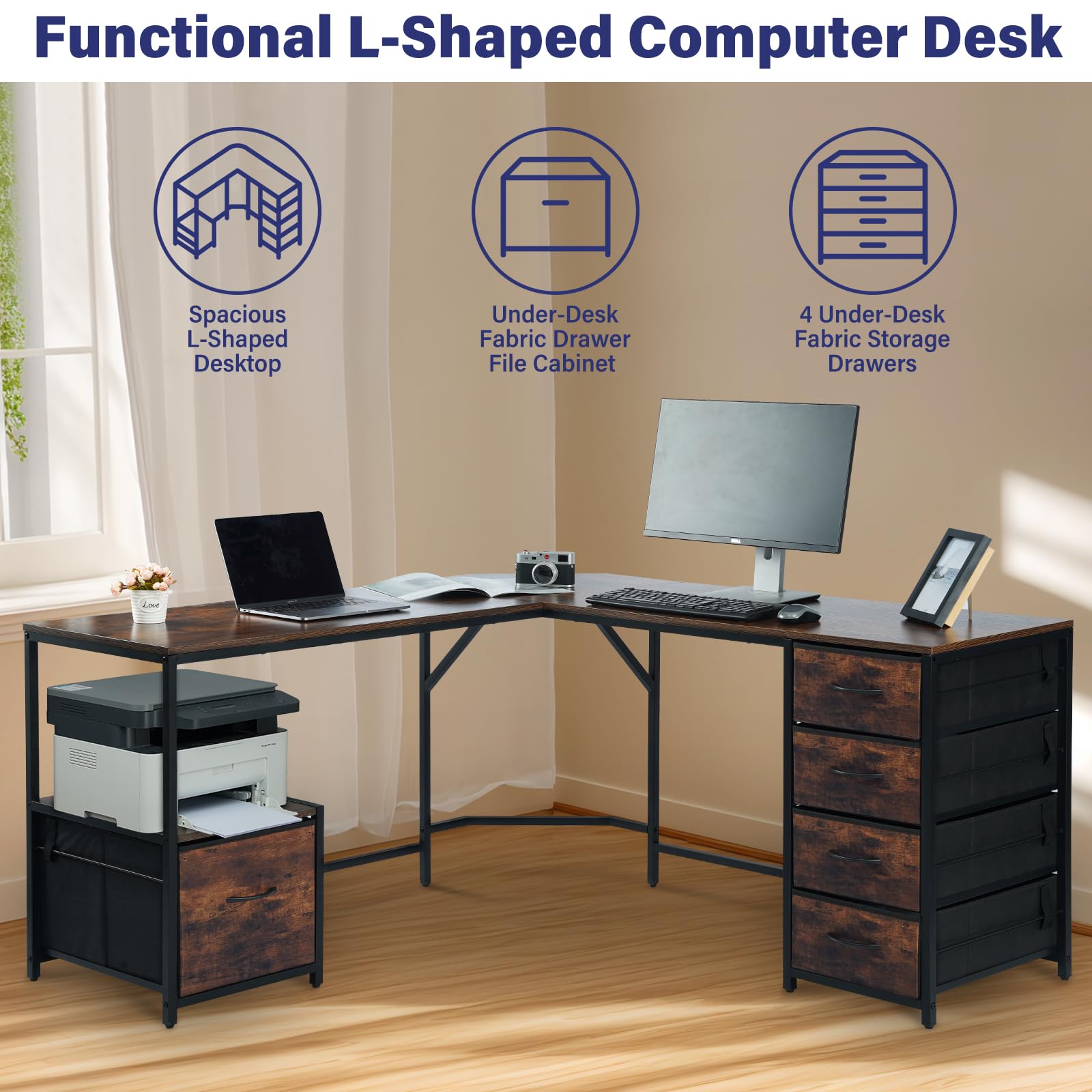 TOPSKY L-Shaped Desk Corner Computer Desk with 18.9" Depth Workstation, Cloth File Cabinet for Letter Size File Folder and 4 Cloth Storage Cabinets (Bamboo, 59 * 59 inch) - WoodArtSupply