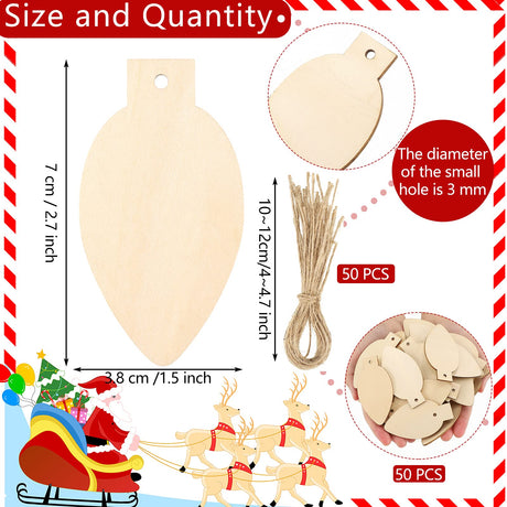 50 Pcs Christmas Unfinished Wooden Light Bulb Wooden Slices Blank Christmas Wooden Hanging Decorations with Rope Unfinished Predrilled Wooden Discs for Christmas Crafts DIY Decoration (Wood Color) Queekay
