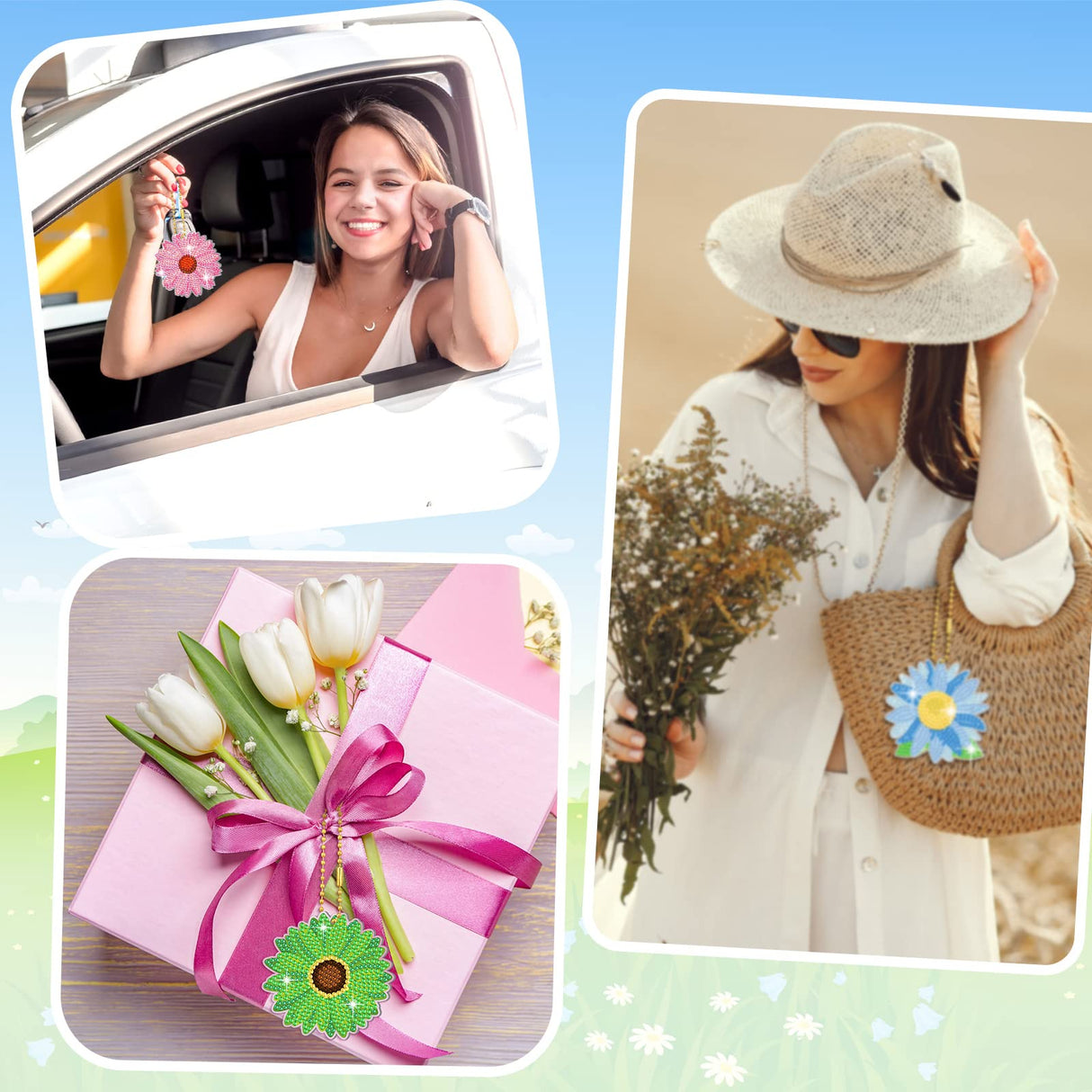 FairySandy 20 Pcs Spring Flowers Diamond Painting Keychains Daisy Diamond Art Keychains Kits for Adults Sunflower Hanging Ornaments Rhinestones Bookmarks 5D Key Rings for DIY Crafts Home Party Decor FairySandy