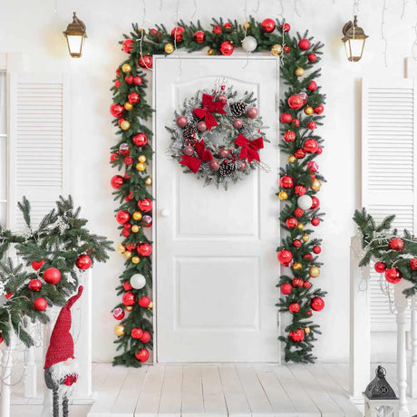 24" Pre-Lit Christmas Wreath for Front Door, Artificial Christmas Wreath with Bow Ribbon, Pinecones, Berries and Ball Ornaments, Battery Operated 30 Led Lights Xmas Wreath for Home Decor GarveeHome
