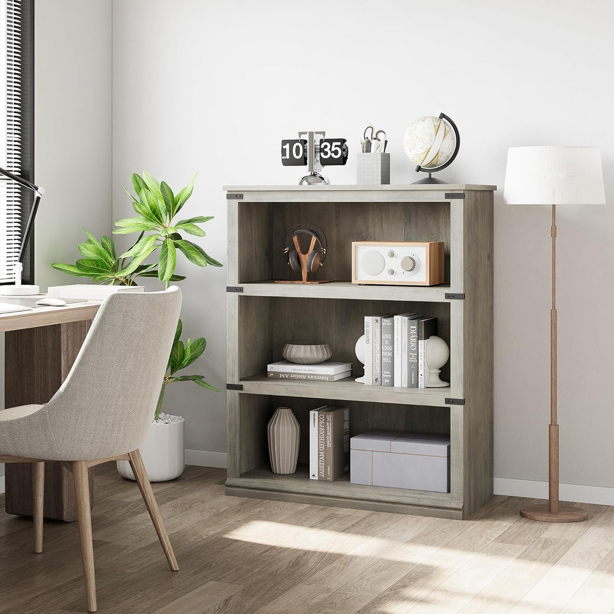 IDEALHOUSE 3-Tier Wooden Bookcase, Farmhouse Storage Book Shelf with Display Shelves, Tall Book Case for Home Office, Living Room, Bedroom, Grey, 40.0" H x 31.5" W x 12.2" D IDEALHOUSE