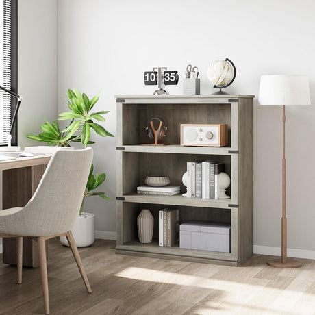 IDEALHOUSE 3-Tier Wooden Bookcase, Farmhouse Storage Book Shelf with Display Shelves, Tall Book Case for Home Office, Living Room, Bedroom, Grey, 40.0" H x 31.5" W x 12.2" D IDEALHOUSE