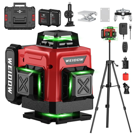 Laser Level 360 Self Leveling with Tripod,WEIDDW 4D Lazer Level,4x360° Cross Line Laser for Construction Project Renovation,Floor Tile, Laser Level Lines Tool with 2x4800mAh Batteries,Durable Case WEIDDW