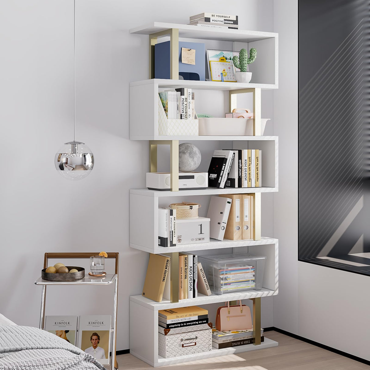 SORCEDAS Bookshelf Geometric Bookcase S Shaped Industrial Bookshelf Storage Display Stand Shelf for Living Room Bedroom and Office Room (White, 6 Tier) SORCEDAS