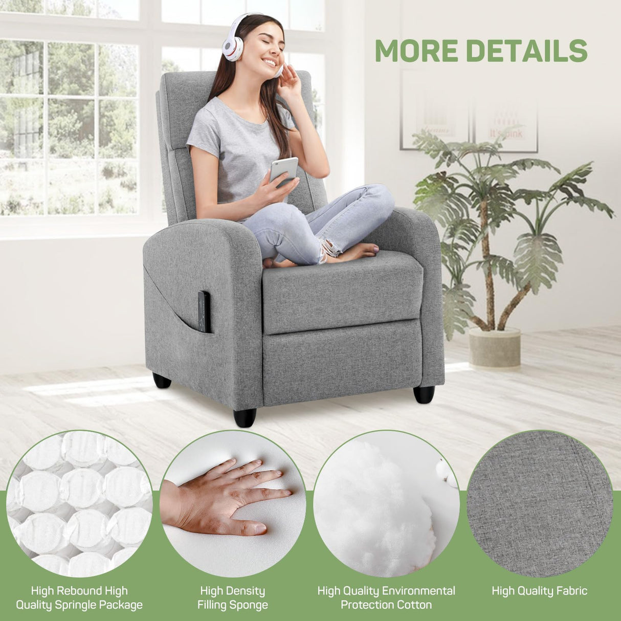 Recliner Chair with Massage and Lumbar Support, Small Fabric Home Theater Seating, Adjustable Modern Reclining Chair for Adults in Living Room Zibbizo