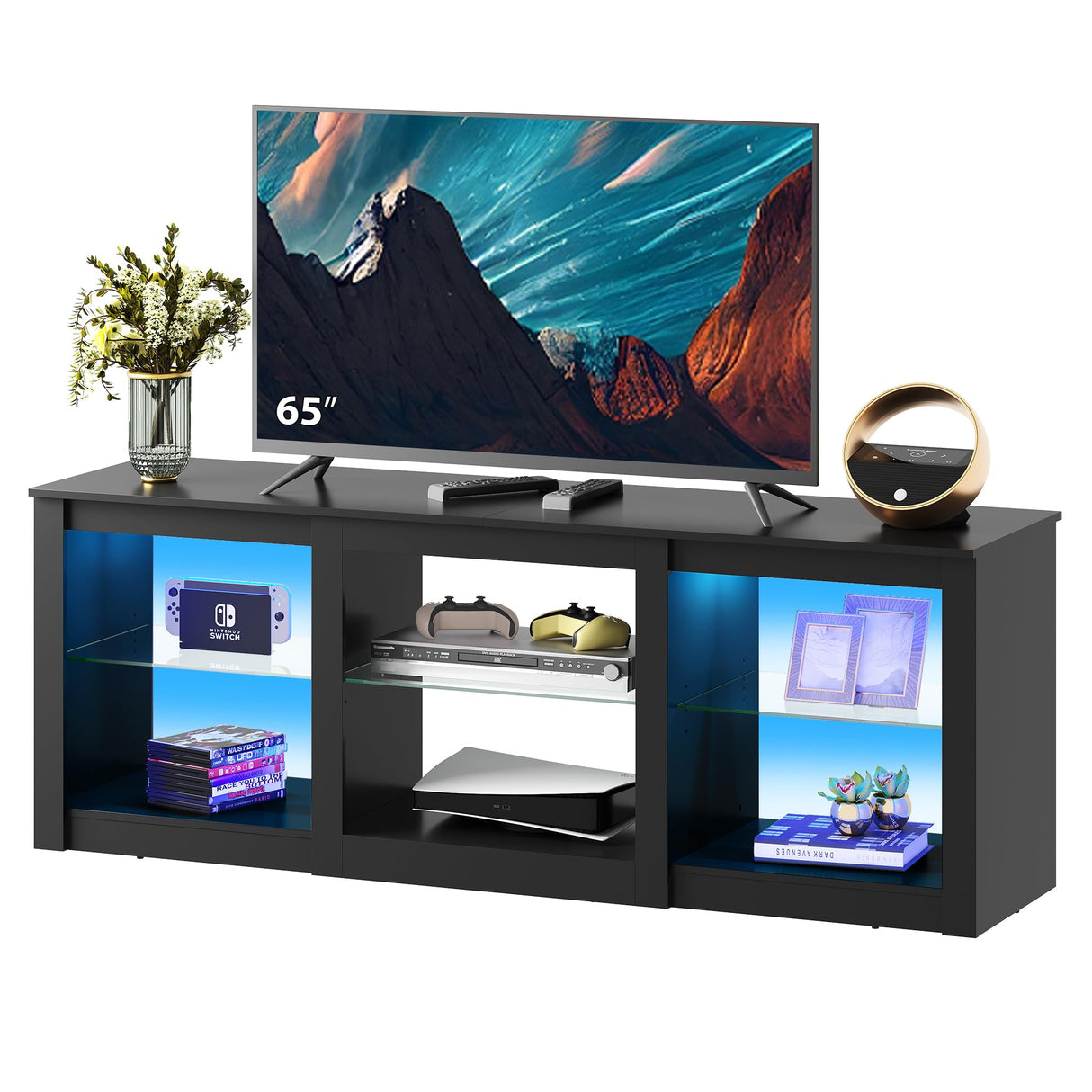 WLIVE TV Stand for 65 Inch TV, Entertainment Center with Adjustable Glass Shelves, LED TV Console, TV Stands for Living Room, Black WLIVE