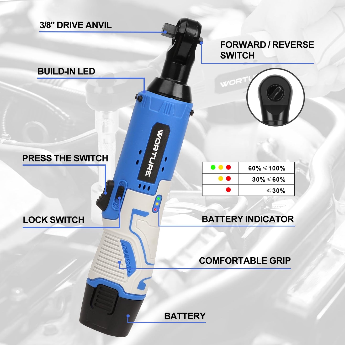 Worture Cordless Electric Ratchet Wrench, 40N.m 12V Power Ratchet Tool Kit with 2 * 2000mAh Lithium-ion Batteries, 1 * Fast Charger, 7 * Sockets, 1 * 1/4 Inch Adaptor, 1 * Extension Bar - WoodArtSupply