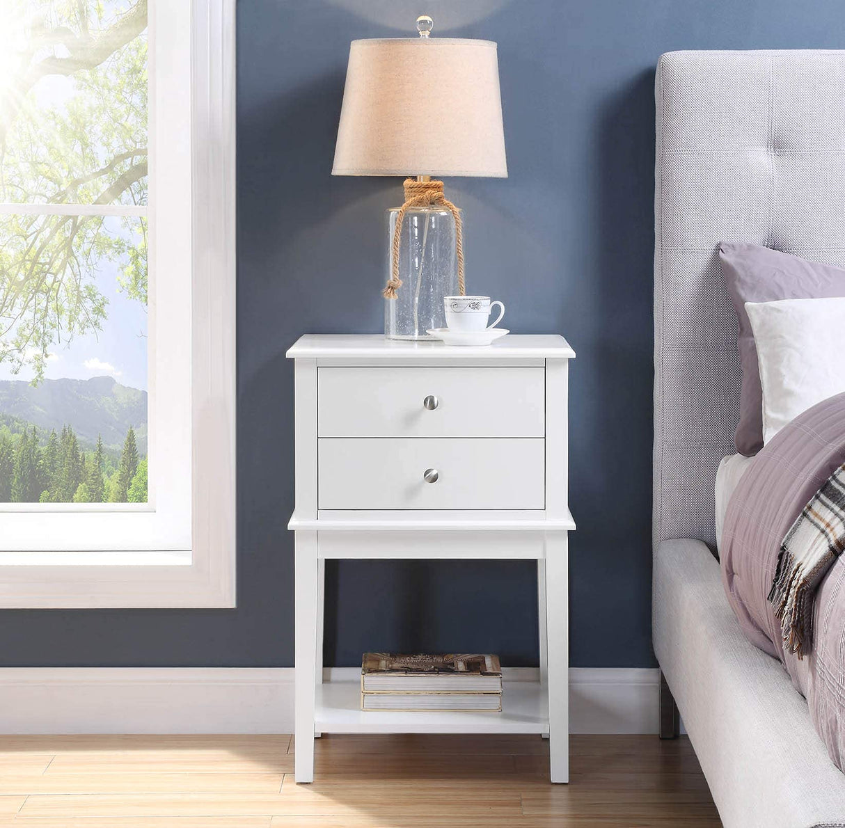 conifferism White Nightstand 2 Drawers and Storage Shelf, 28" High Bedroom Night Stand, Contemporary Modern Bed Side Table, Living Room Country Cottage 19" Wide End Table Metal Sliders conifferism