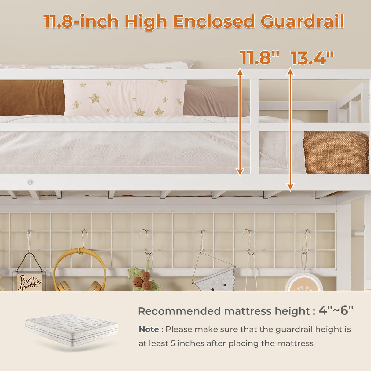 Loft Bed Twin Size with L-Shaped Desk and Storage Shelves, Metal Loft Bed Frame with Power Outlet, LED Lights, 3 Fabric Drawers, Metal Mesh, Space-Saving, No Box Spring Needed, White MSmask