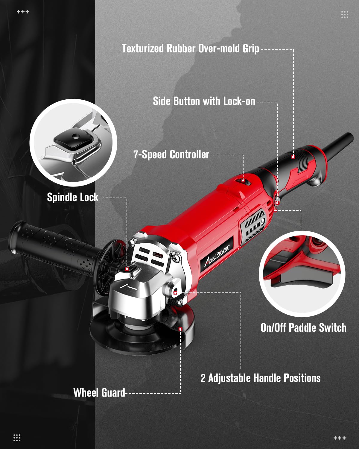 AVID POWER Angle Grinder 4-1/2 Inch 8.0 Amp 1000W Electric Grinder Tool 7-Variable-Speed Metal Grinder, 11,500 RPM, Paddle Switch with Lock-on Button, Cutting & Grinding Wheels and Side Handle AVID POWER