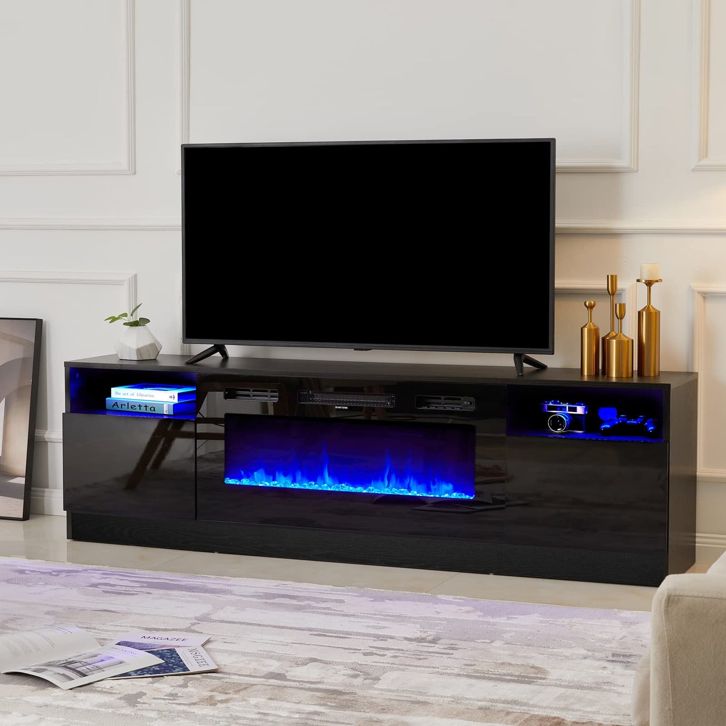 AMERLIFE Fireplace TV Stand with 36" Electric Fireplace, LED Light Entertainment Center, Modern Wood Texture Entertainment Stand with Highlight Storage Cabinet for TVs Up to 80", 70 inches, Black