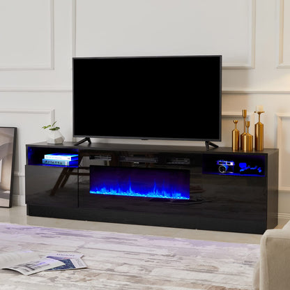 AMERLIFE Fireplace TV Stand with 36" Electric Fireplace, LED Light Entertainment Center, Modern Wood Texture Entertainment Stand with Highlight Storage Cabinet for TVs Up to 80", 70 inches, Black