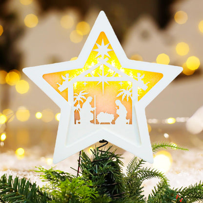 Komiikka Star Nativity Christmas Tree Topper Lighted, 3D Wooden Star LED Nativity Tree Topper Star of Bethlehem for Christmas Party Decorations Indoor