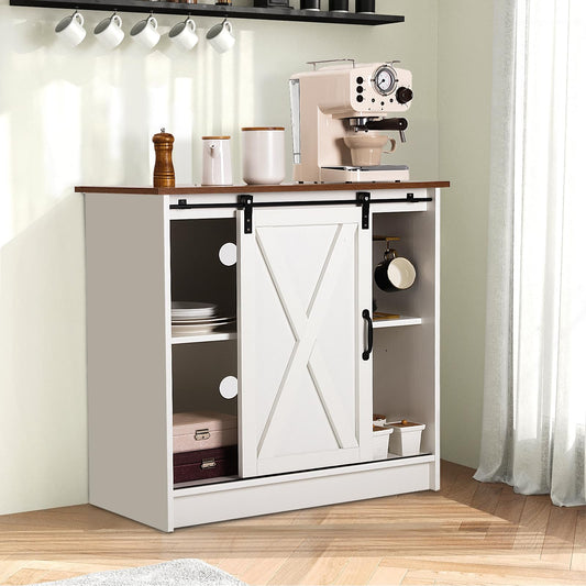 COSYSUPER Farmhouse Style Coffee Bar Cabinet with Sliding Barn Door and Adjustable Shelves in White - WoodArtSupply