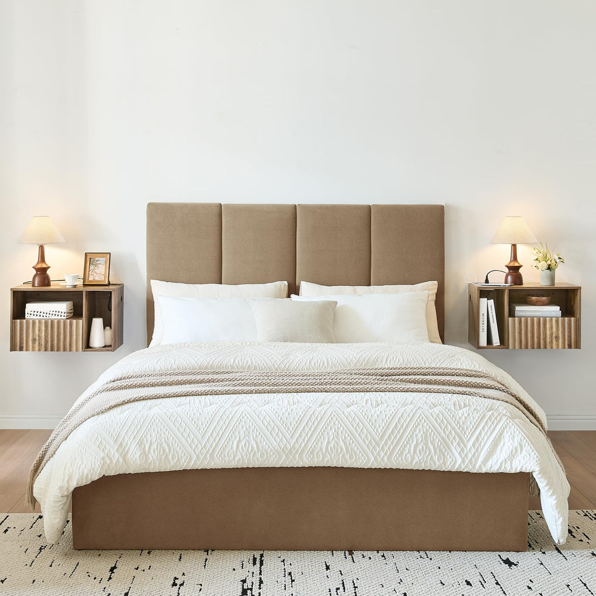 BuildHom Modern Rustic Brown Fluted Floating Nightstand with Charging Station, NightStand with Drawers, Bedside with USB Ports and Outlets, Bedroom Furniture (Right) BuildHom