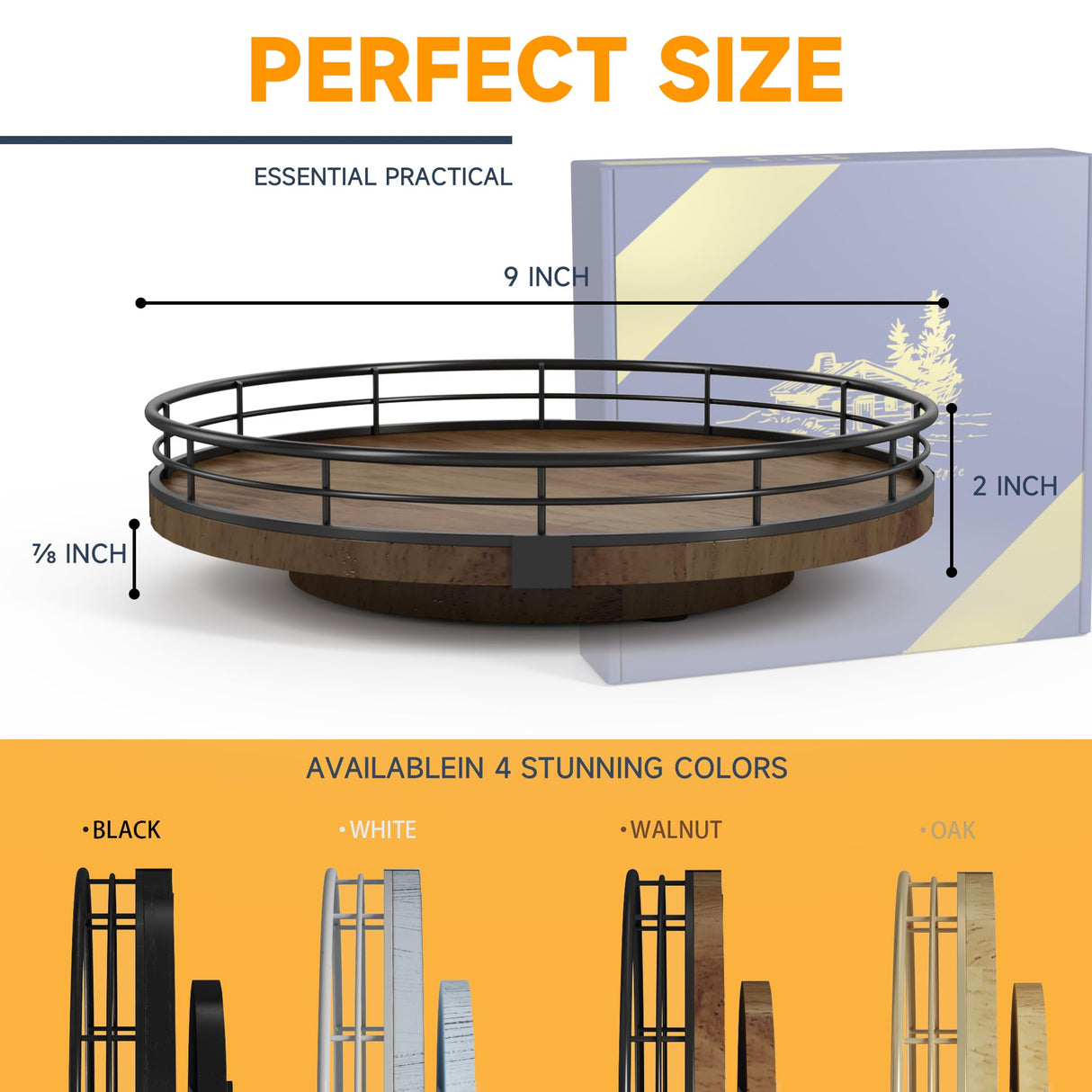 Farmhouse Oak 9" Lazy Susan Turntable Organizer for Cabinet, Round Wooden Lazy Susan Organization and Storage for Dining Table, Pantry, Kitchen, Countertop, Cupboard,Home Decor, Walnut Wood AMH